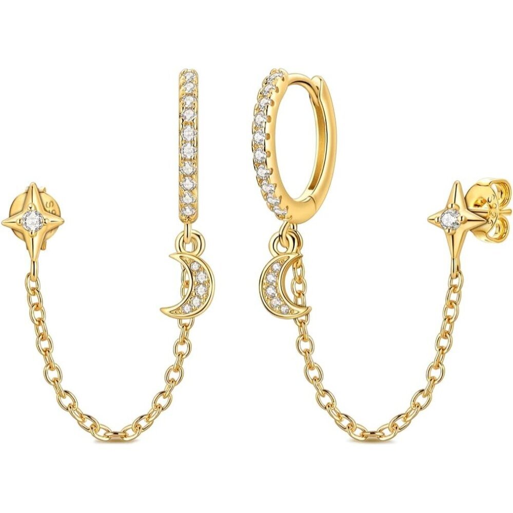 Double Piercing Chain Earrings for Women Teen, 925 Sterling Silver Hoop Earrings